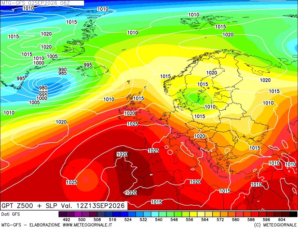 mappa GFS: Geopotenziale a 500 hPa + Pressione sul livello del mare