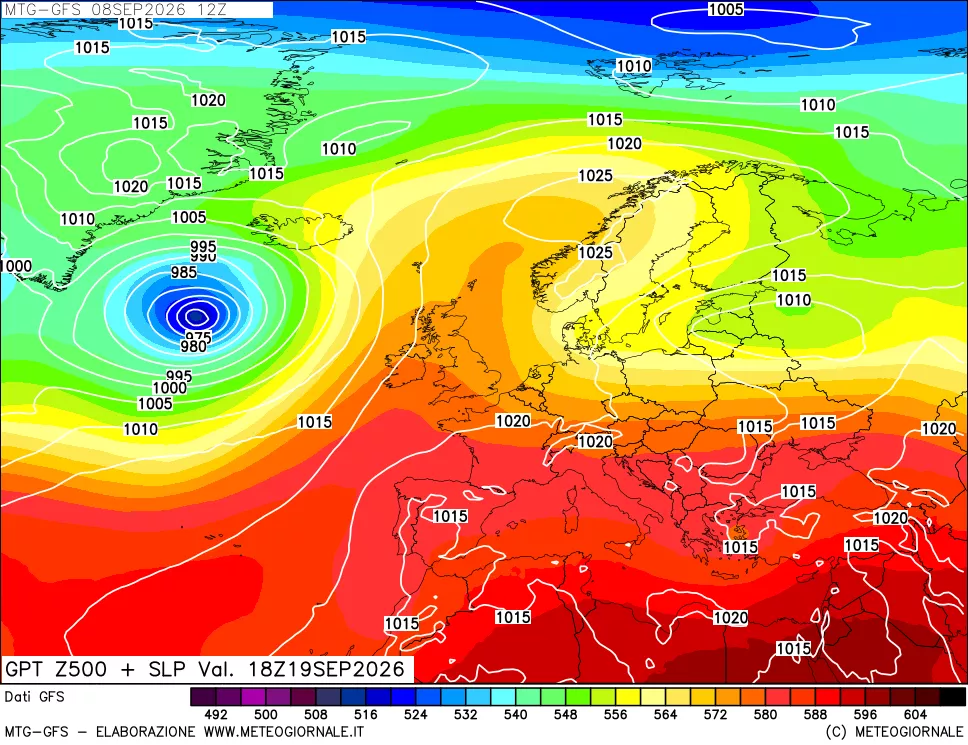 mappa GFS: Geopotenziale a 500 hPa + Pressione sul livello del mare