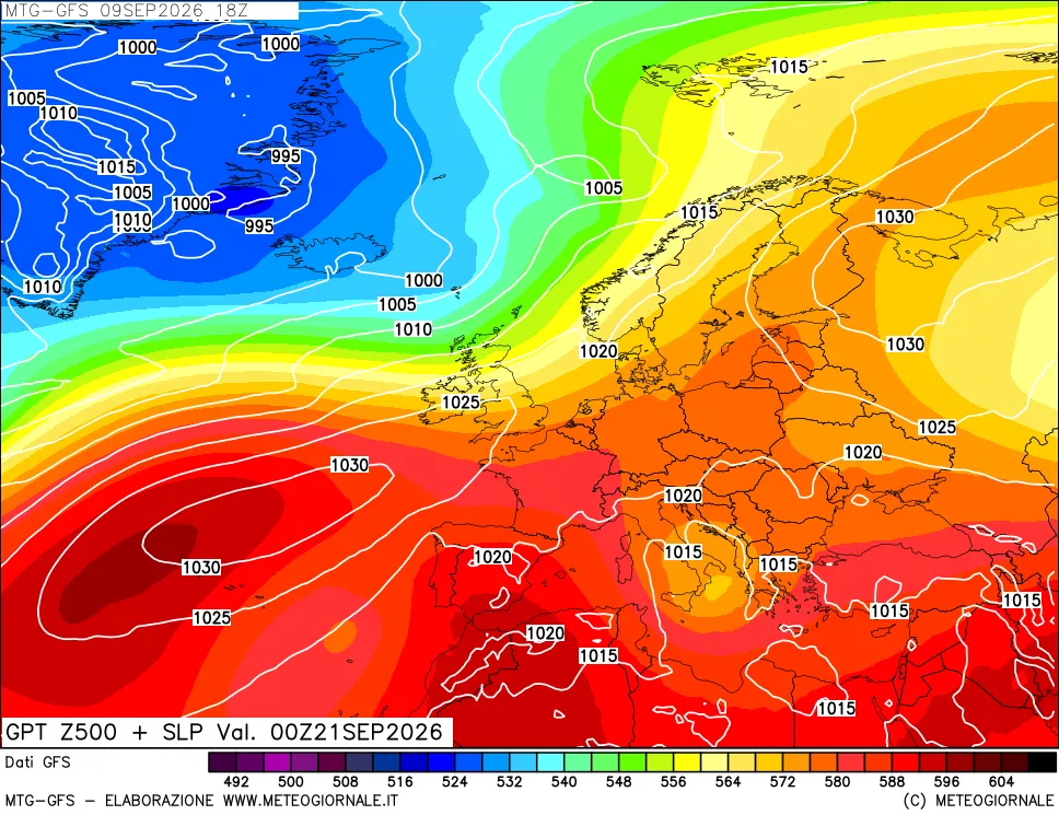 mappa GFS: Geopotenziale a 500 hPa + Pressione sul livello del mare