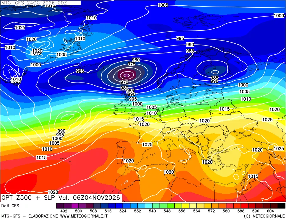 mappa GFS: Geopotenziale a 500 hPa + Pressione sul livello del mare