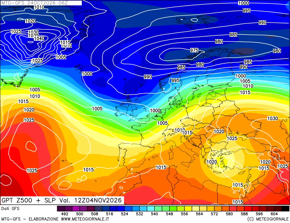mappa GFS: Geopotenziale a 500 hPa + Pressione sul livello del mare