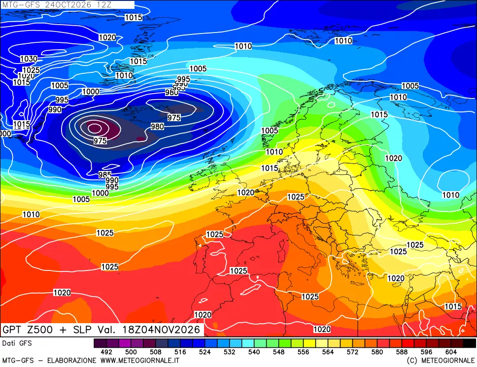 mappa GFS: Geopotenziale a 500 hPa + Pressione sul livello del mare