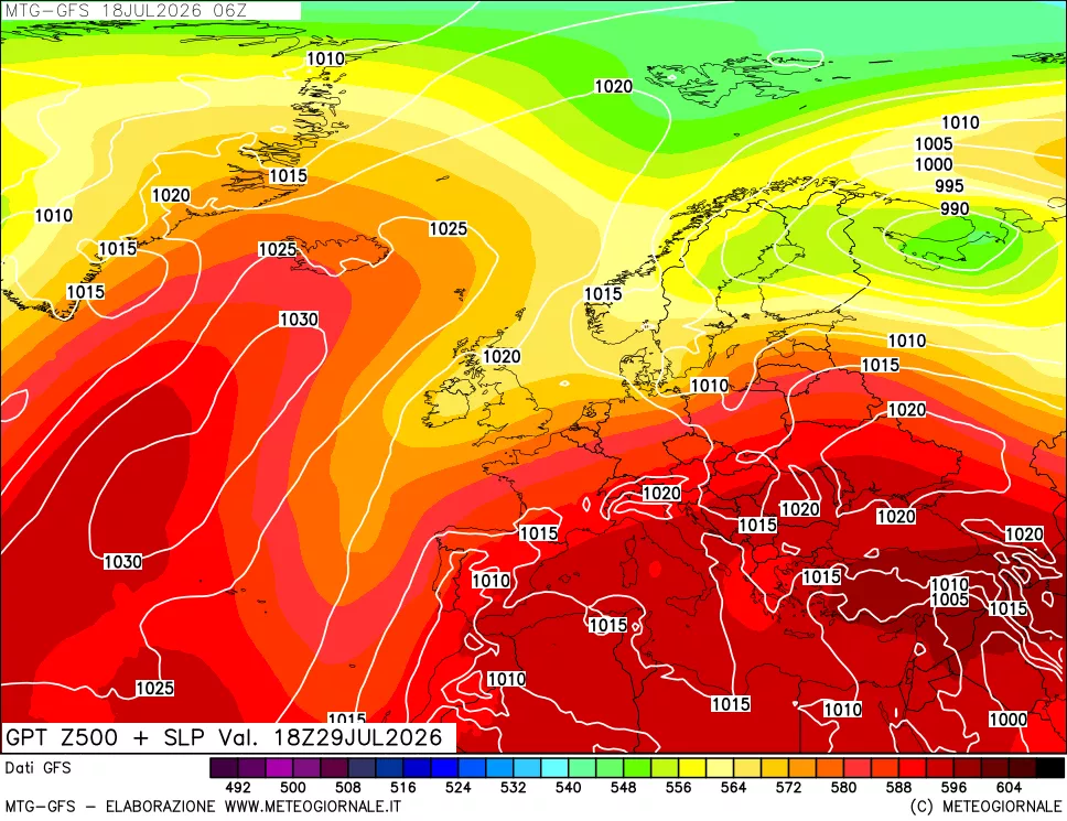 mappa GFS: Geopotenziale a 500 hPa + Pressione sul livello del mare
