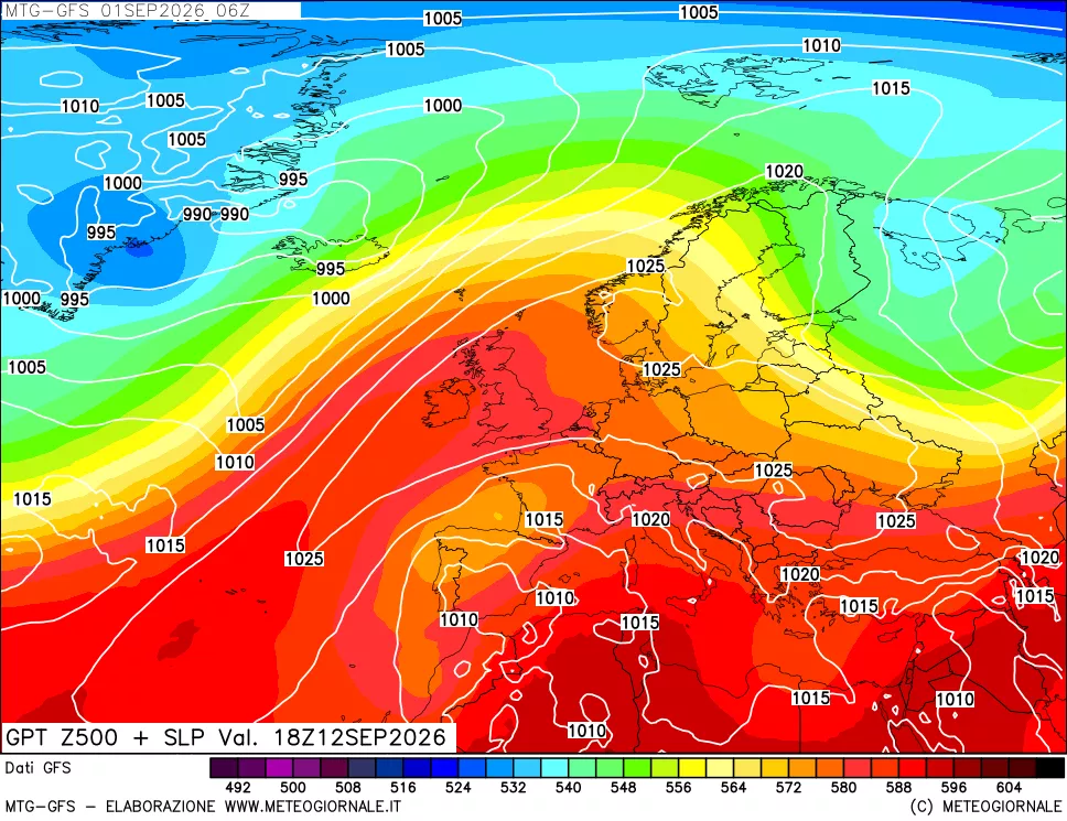 mappa GFS: Geopotenziale a 500 hPa + Pressione sul livello del mare
