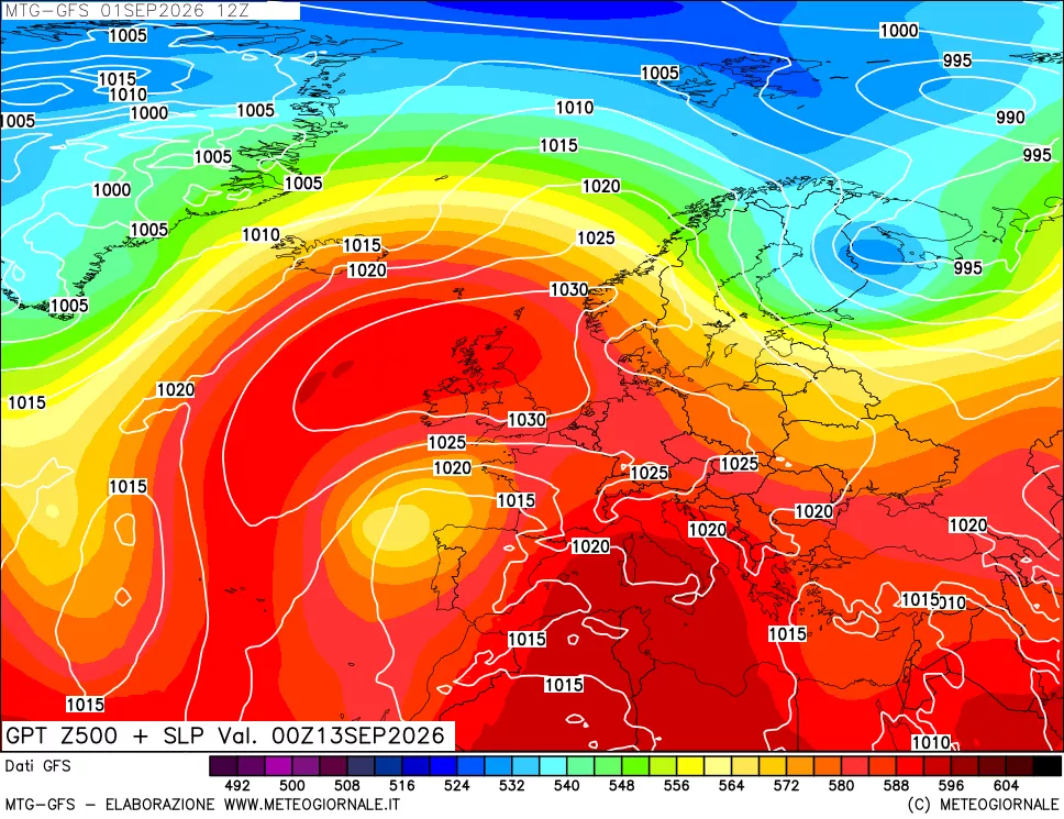 mappa GFS: Geopotenziale a 500 hPa + Pressione sul livello del mare