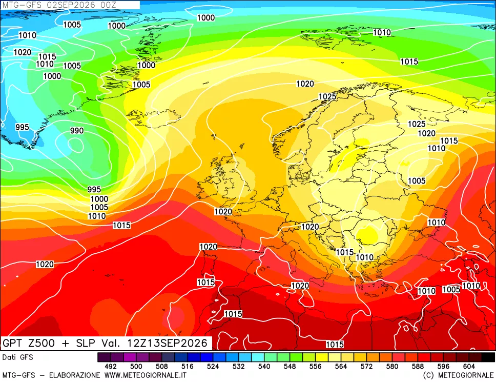 mappa GFS: Geopotenziale a 500 hPa + Pressione sul livello del mare