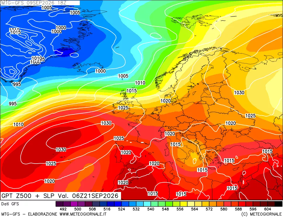 mappa GFS: Geopotenziale a 500 hPa + Pressione sul livello del mare