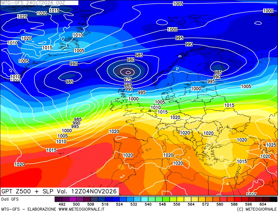 mappa GFS: Geopotenziale a 500 hPa + Pressione sul livello del mare