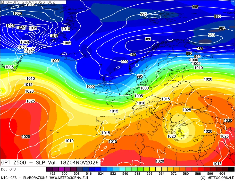 mappa GFS: Geopotenziale a 500 hPa + Pressione sul livello del mare