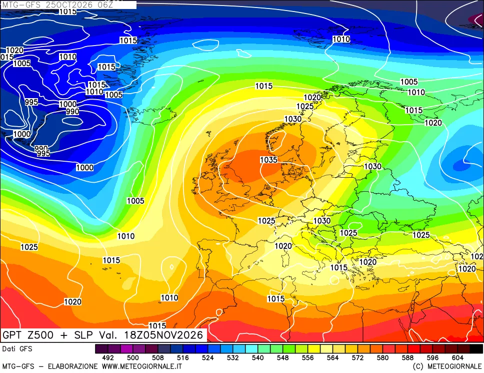 mappa GFS: Geopotenziale a 500 hPa + Pressione sul livello del mare