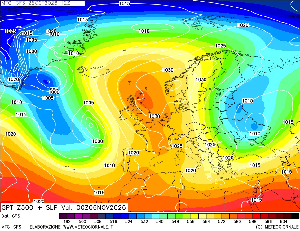 mappa GFS: Geopotenziale a 500 hPa + Pressione sul livello del mare