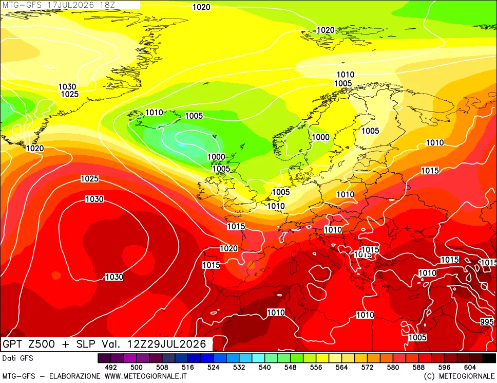 mappa GFS: Geopotenziale a 500 hPa + Pressione sul livello del mare