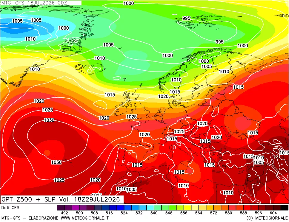 mappa GFS: Geopotenziale a 500 hPa + Pressione sul livello del mare