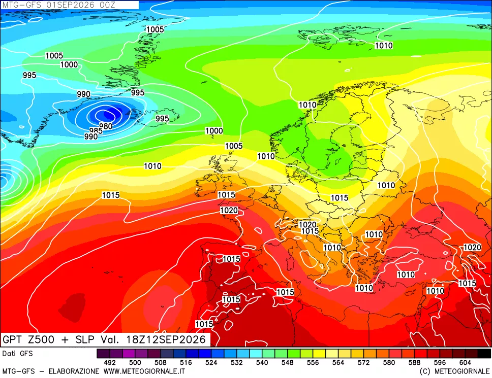 mappa GFS: Geopotenziale a 500 hPa + Pressione sul livello del mare