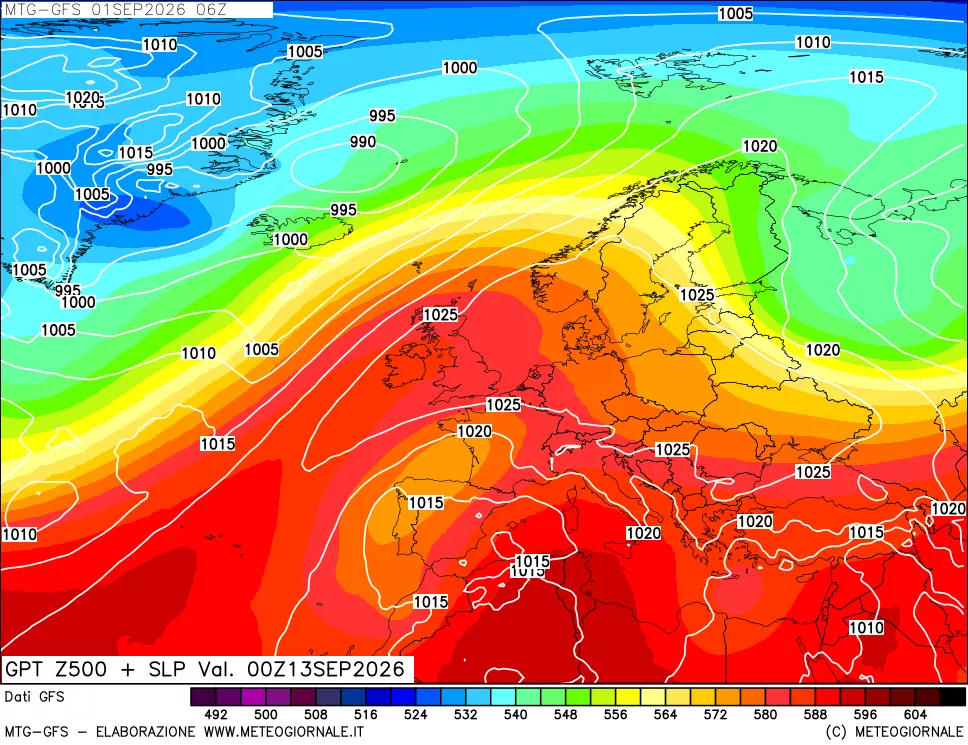 mappa GFS: Geopotenziale a 500 hPa + Pressione sul livello del mare