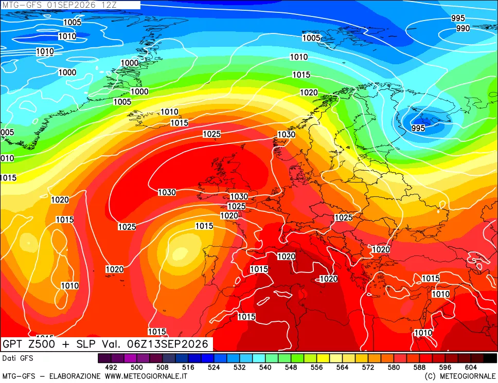 mappa GFS: Geopotenziale a 500 hPa + Pressione sul livello del mare