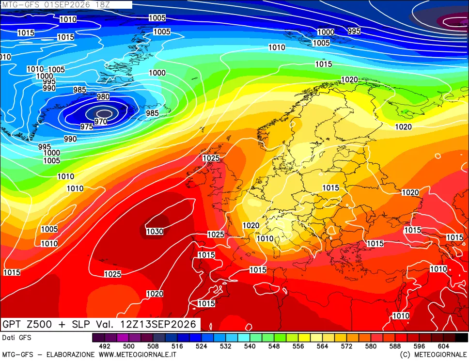 mappa GFS: Geopotenziale a 500 hPa + Pressione sul livello del mare