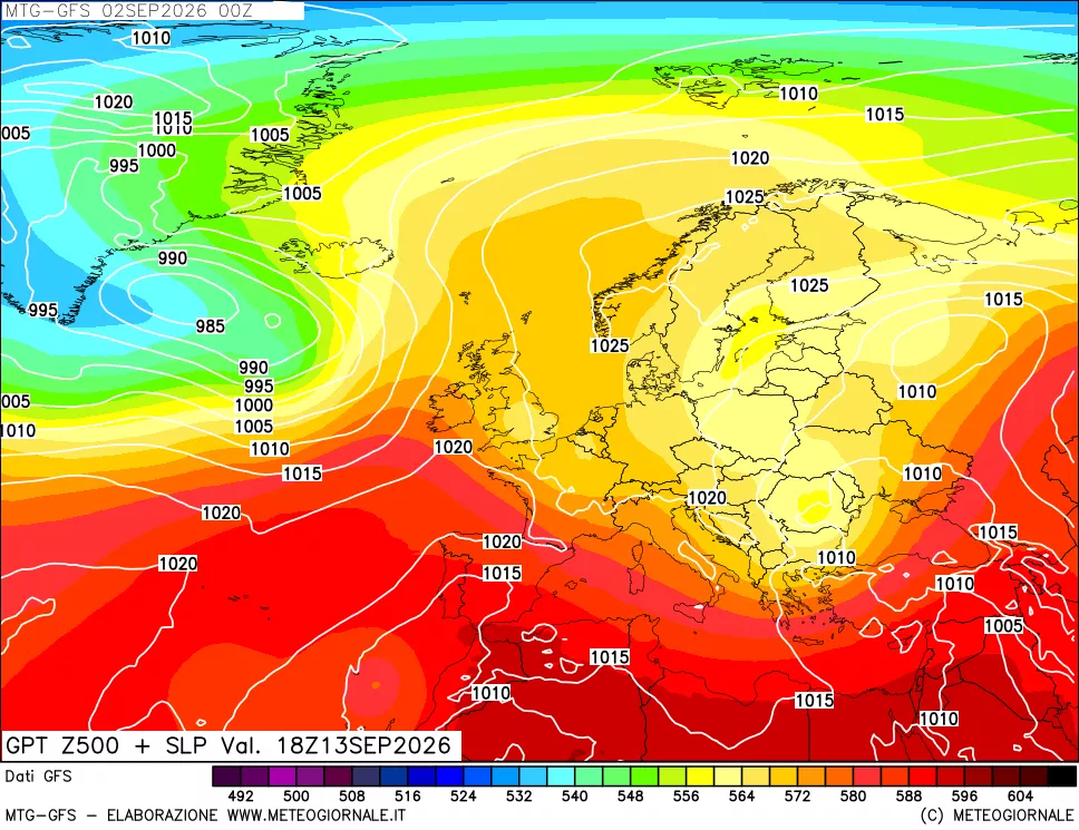 mappa GFS: Geopotenziale a 500 hPa + Pressione sul livello del mare