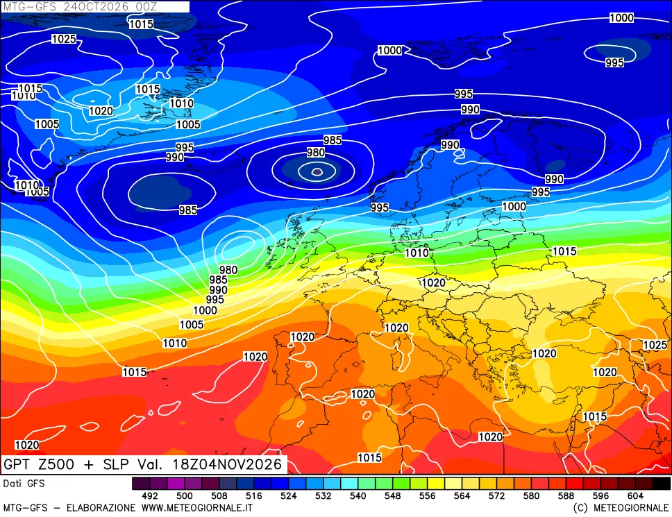 mappa GFS: Geopotenziale a 500 hPa + Pressione sul livello del mare