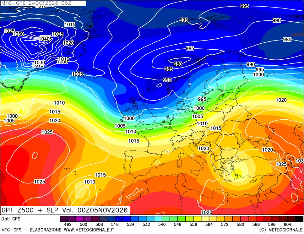 mappa GFS: Geopotenziale a 500 hPa + Pressione sul livello del mare