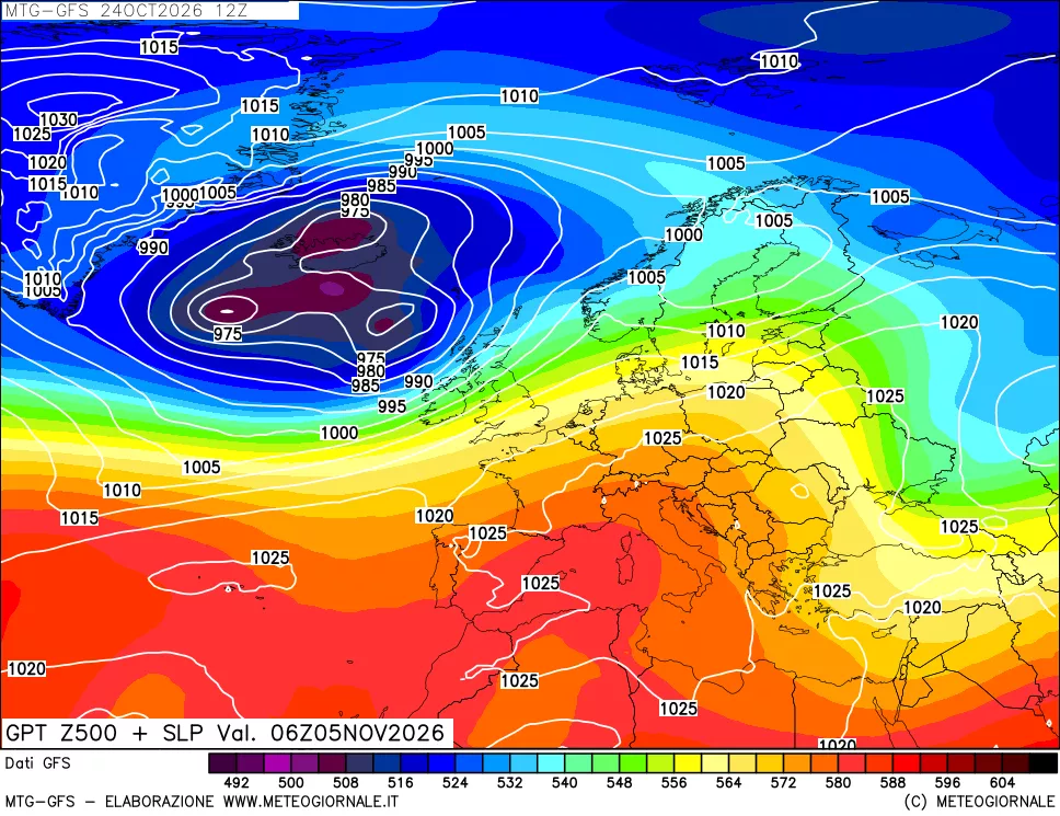 mappa GFS: Geopotenziale a 500 hPa + Pressione sul livello del mare