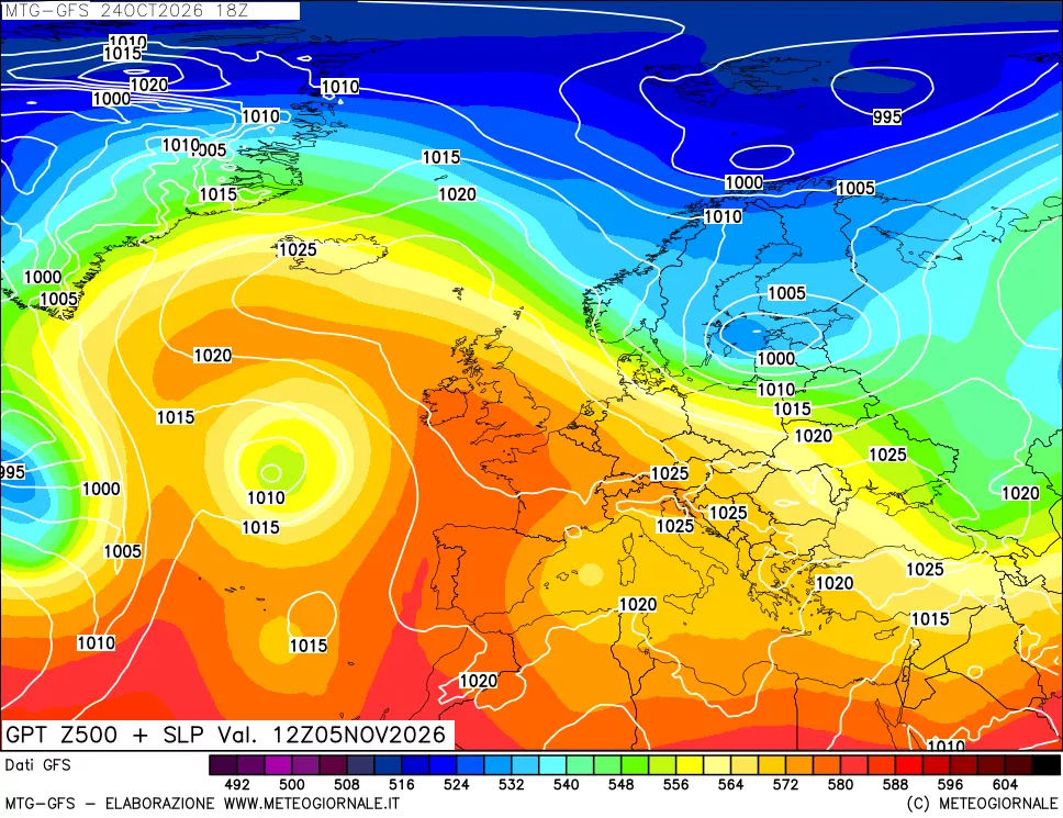 mappa GFS: Geopotenziale a 500 hPa + Pressione sul livello del mare