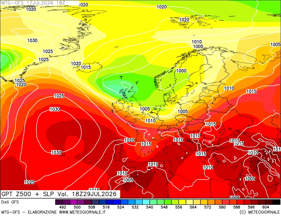 mappa GFS: Geopotenziale a 500 hPa + Pressione sul livello del mare