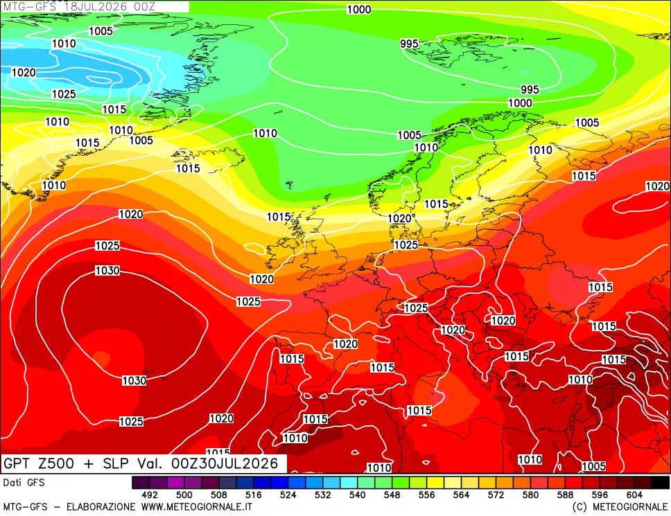 mappa GFS: Geopotenziale a 500 hPa + Pressione sul livello del mare