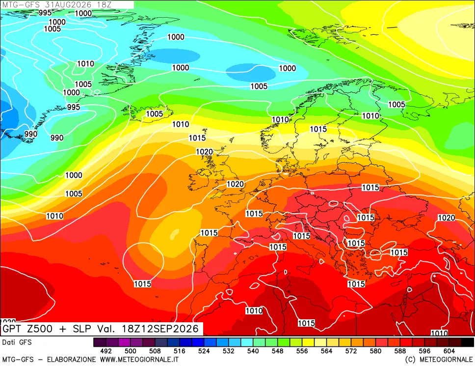 mappa GFS: Geopotenziale a 500 hPa + Pressione sul livello del mare