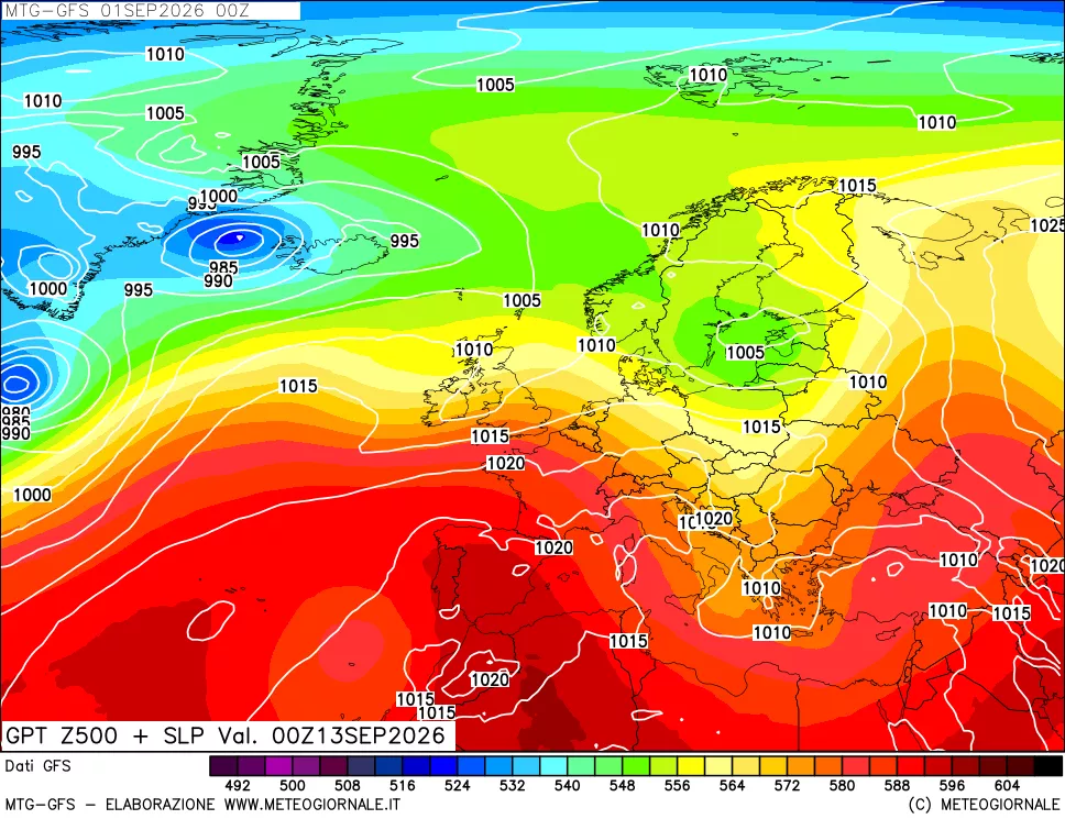 mappa GFS: Geopotenziale a 500 hPa + Pressione sul livello del mare