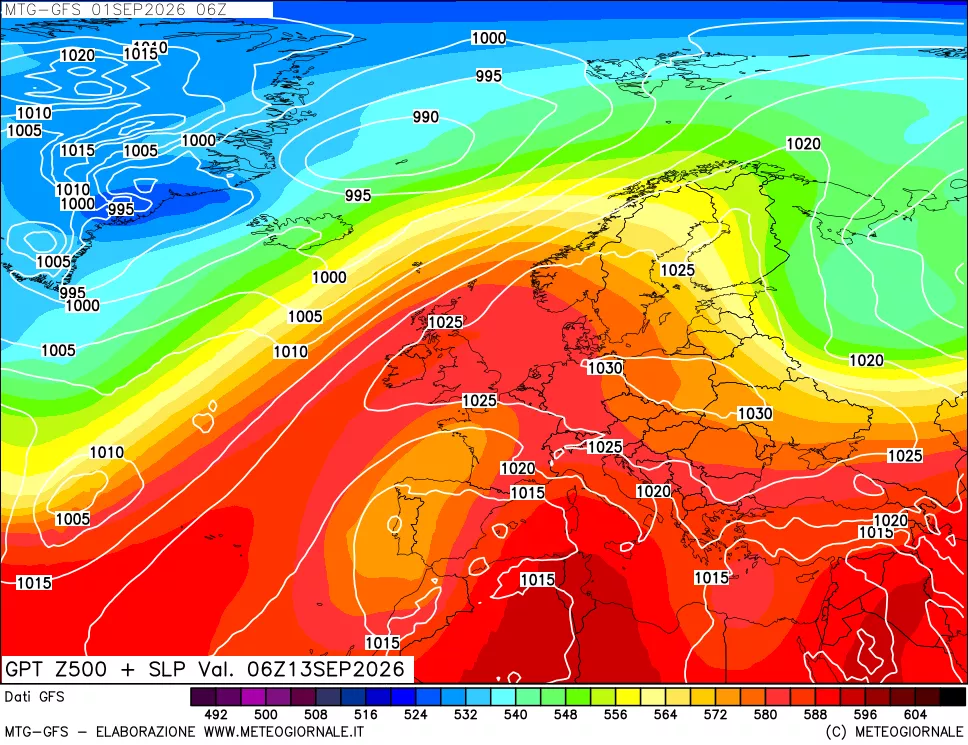 mappa GFS: Geopotenziale a 500 hPa + Pressione sul livello del mare