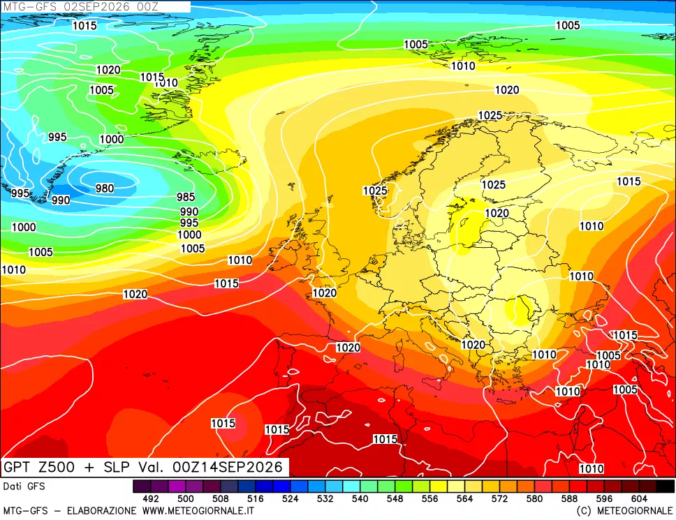 mappa GFS: Geopotenziale a 500 hPa + Pressione sul livello del mare