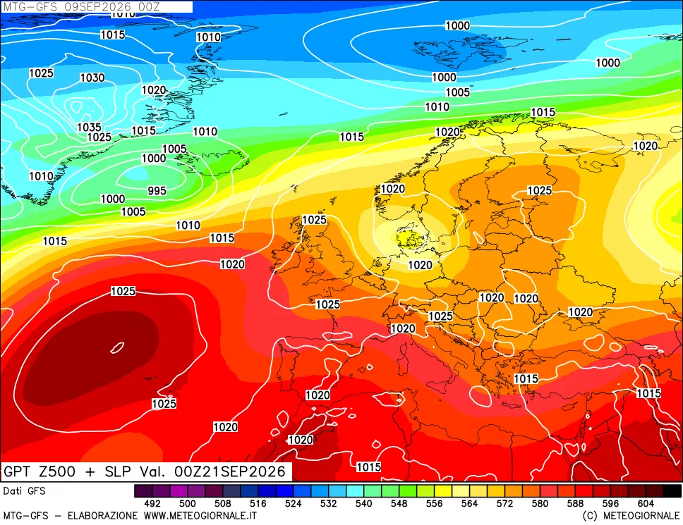 mappa GFS: Geopotenziale a 500 hPa + Pressione sul livello del mare