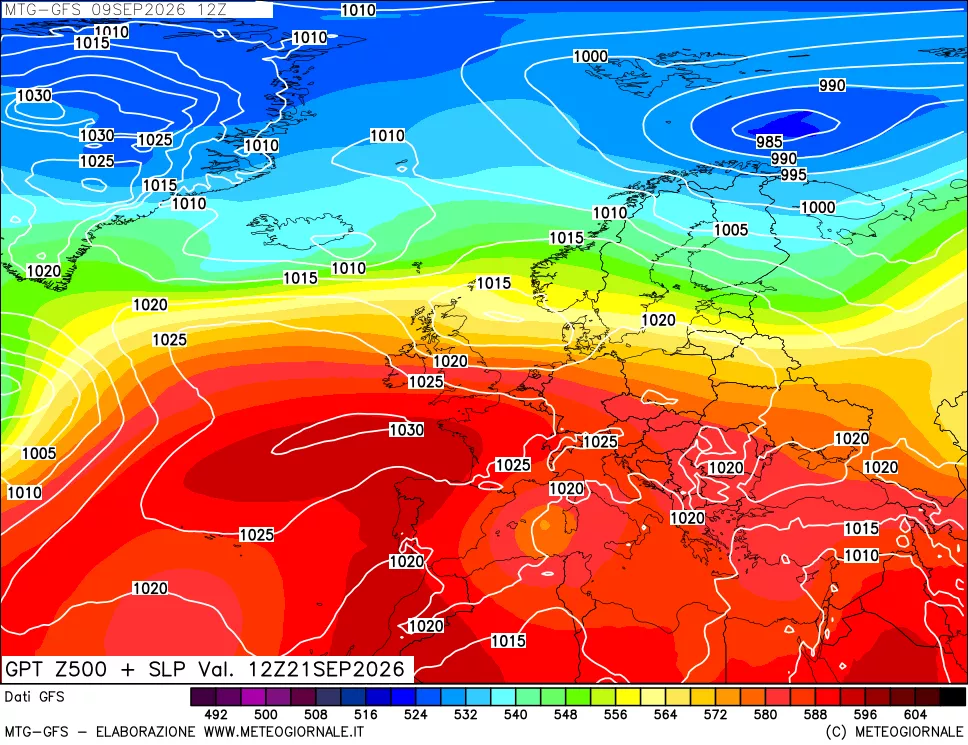 mappa GFS: Geopotenziale a 500 hPa + Pressione sul livello del mare