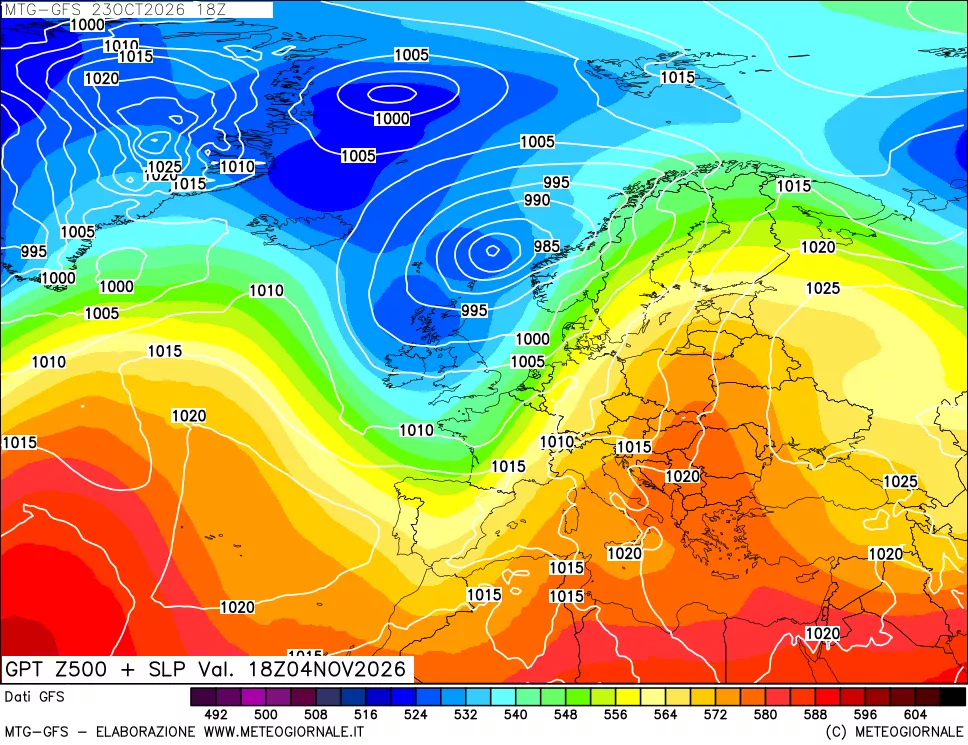mappa GFS: Geopotenziale a 500 hPa + Pressione sul livello del mare