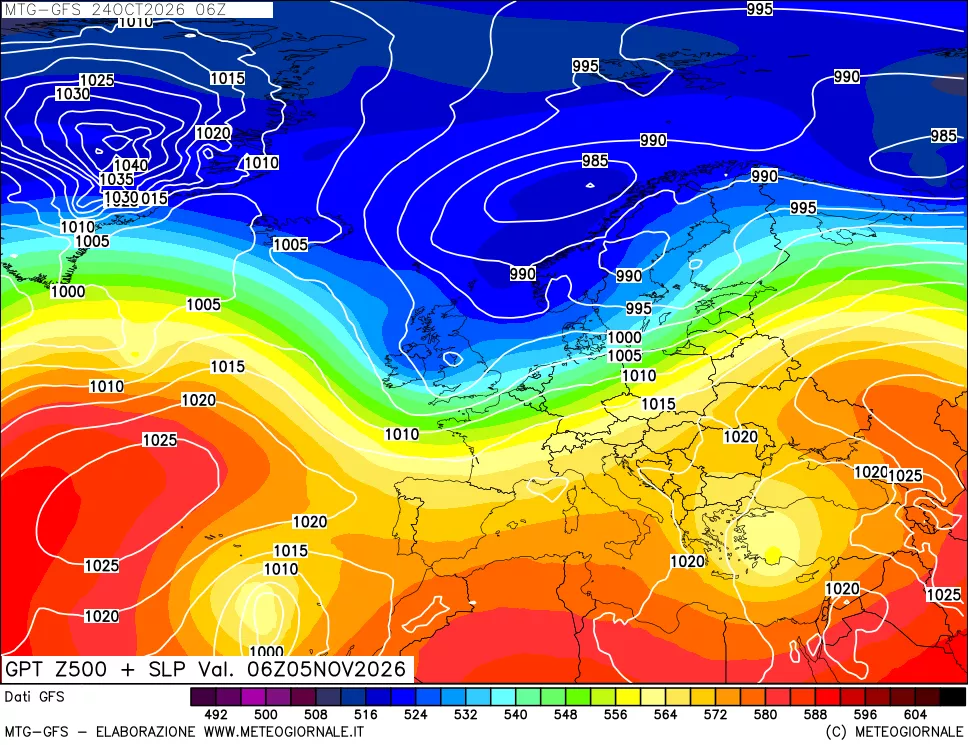 mappa GFS: Geopotenziale a 500 hPa + Pressione sul livello del mare