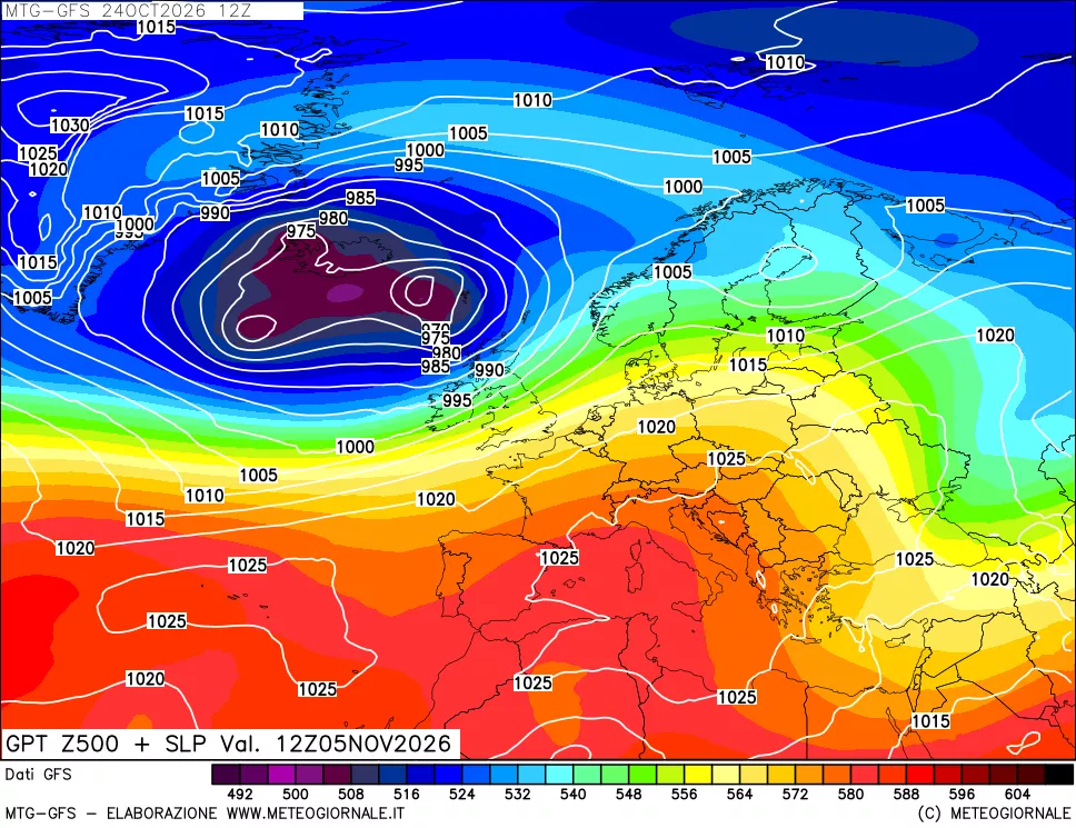 mappa GFS: Geopotenziale a 500 hPa + Pressione sul livello del mare