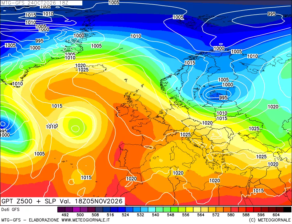 mappa GFS: Geopotenziale a 500 hPa + Pressione sul livello del mare