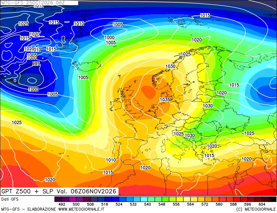 mappa GFS: Geopotenziale a 500 hPa + Pressione sul livello del mare