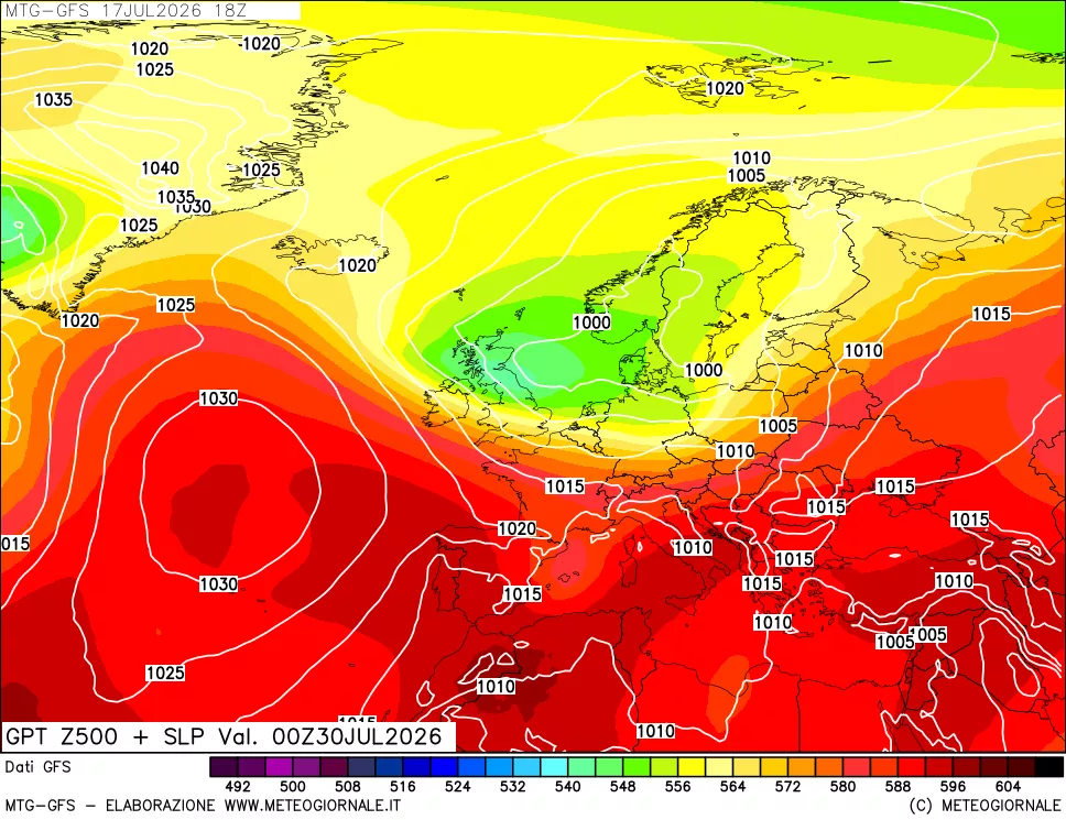 mappa GFS: Geopotenziale a 500 hPa + Pressione sul livello del mare