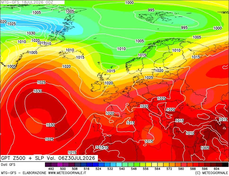 mappa GFS: Geopotenziale a 500 hPa + Pressione sul livello del mare