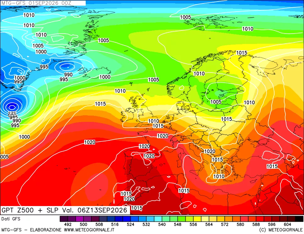 mappa GFS: Geopotenziale a 500 hPa + Pressione sul livello del mare