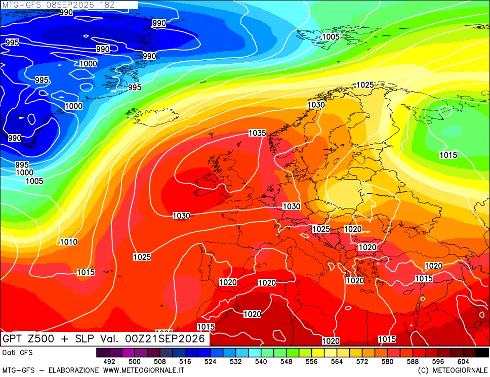 mappa GFS: Geopotenziale a 500 hPa + Pressione sul livello del mare