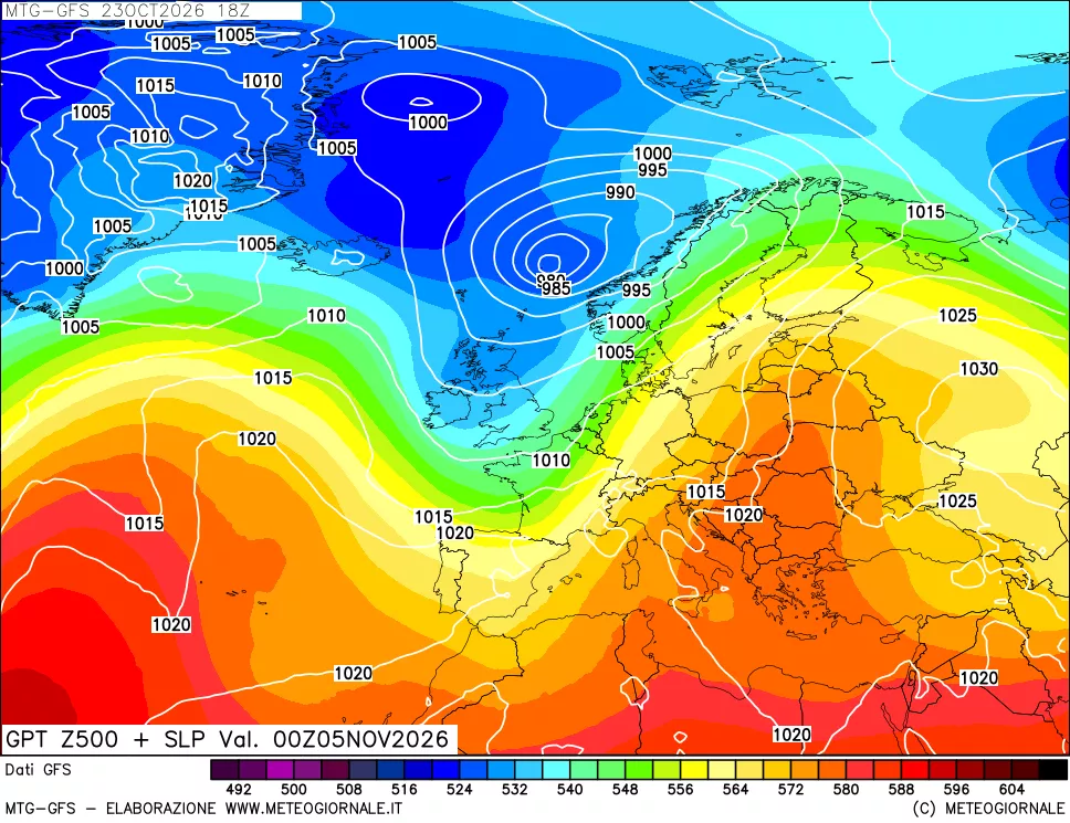 mappa GFS: Geopotenziale a 500 hPa + Pressione sul livello del mare