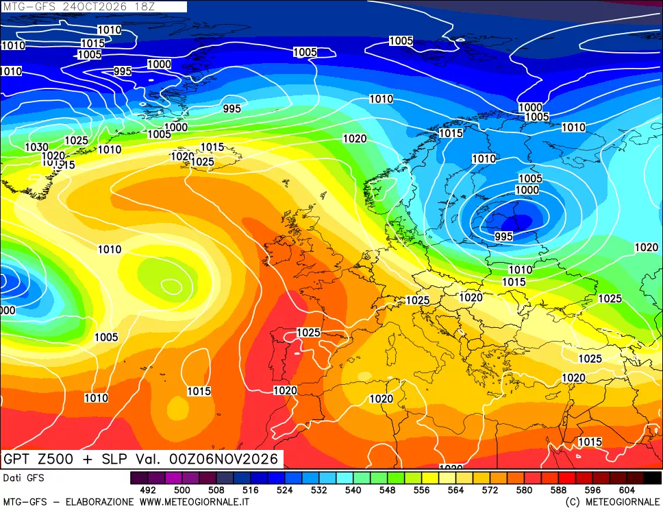mappa GFS: Geopotenziale a 500 hPa + Pressione sul livello del mare