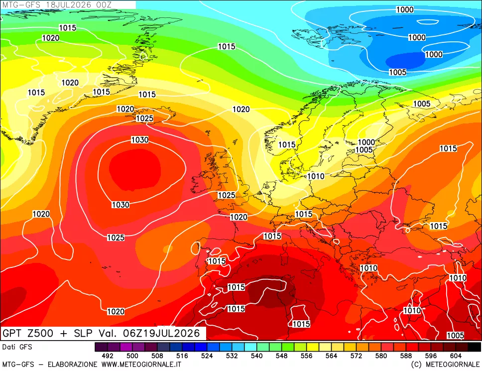 mappa GFS: Geopotenziale a 500 hPa + Pressione sul livello del mare