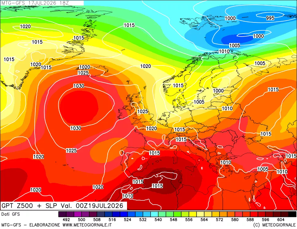 mappa GFS: Geopotenziale a 500 hPa + Pressione sul livello del mare