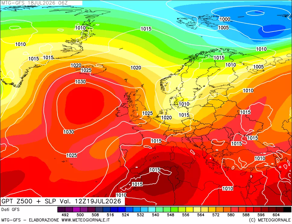 mappa GFS: Geopotenziale a 500 hPa + Pressione sul livello del mare