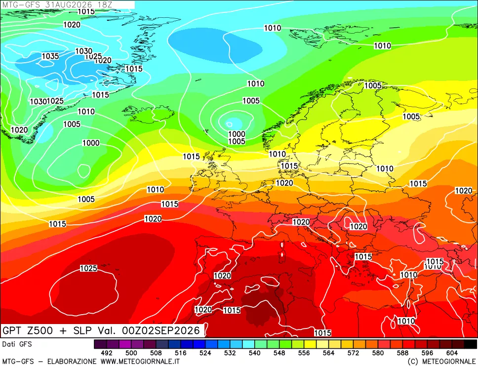 mappa GFS: Geopotenziale a 500 hPa + Pressione sul livello del mare