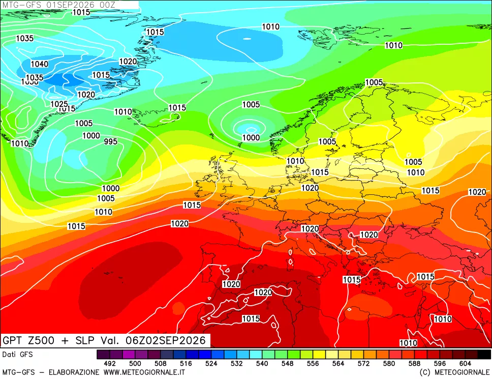 mappa GFS: Geopotenziale a 500 hPa + Pressione sul livello del mare